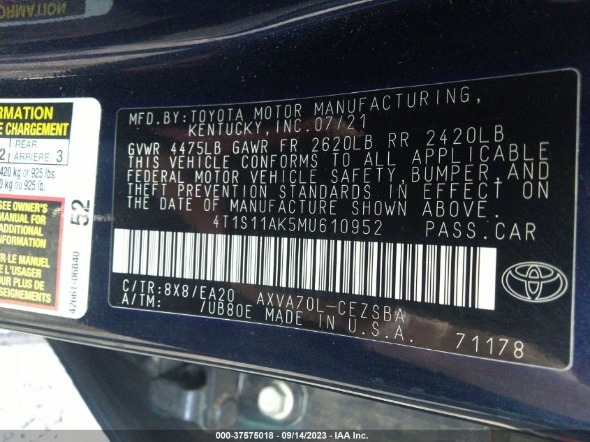 2021 TOYOTA CAMRY SE - 4T1S11AK5MU610952