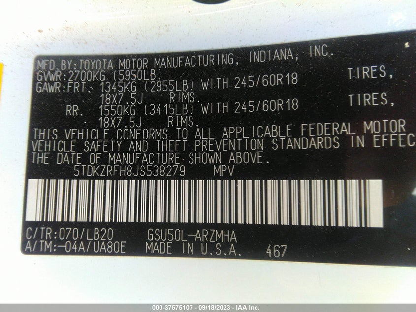 VIN 5TDKZRFH8JS538279 2018 TOYOTA HIGHLANDER SE/XLE
