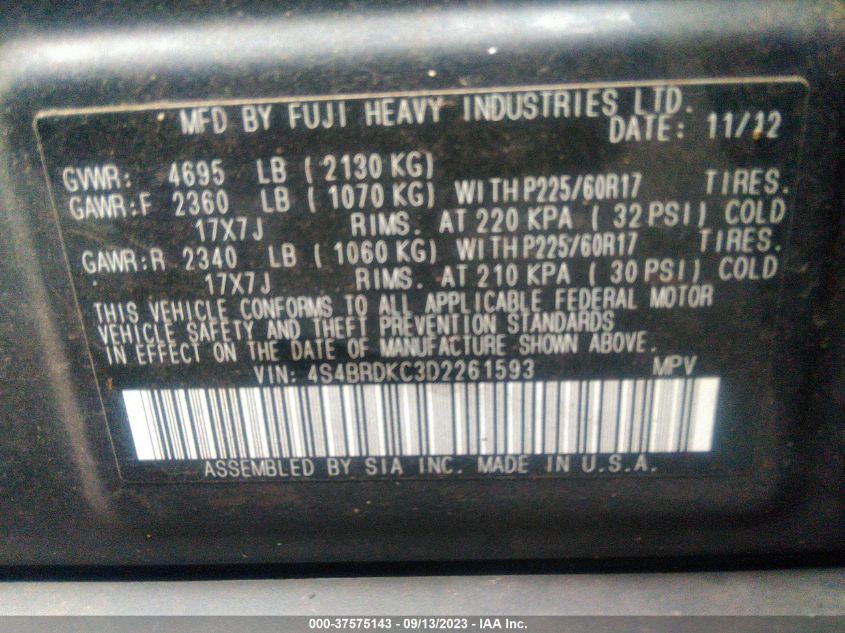 2013 SUBARU OUTBACK 3.6R LIMITED - 4S4BRDKC3D2261593