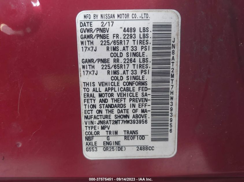 2017 NISSAN ROGUE SV - JN8AT2MT7HW393956