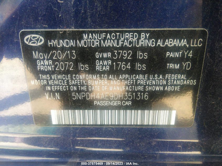 2013 HYUNDAI ELANTRA GLS - 5NPDH4AE9DH351316
