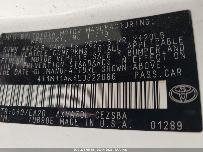 2020 TOYOTA CAMRY SE - 4T1M11AK4LU322086