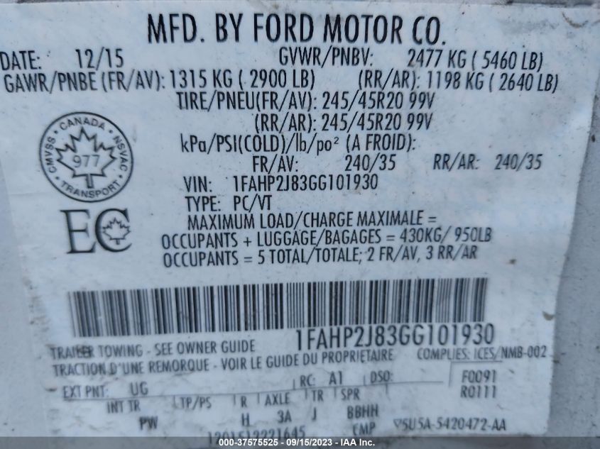 2016 FORD TAURUS LIMITED - 1FAHP2J83GG101930