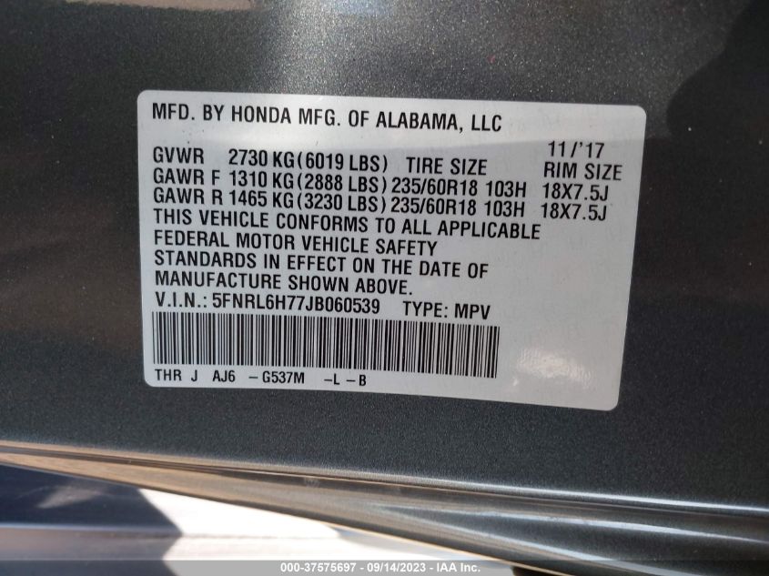 5FNRL6H77JB060539 2018 HONDA ODYSSEY, photo no. 9