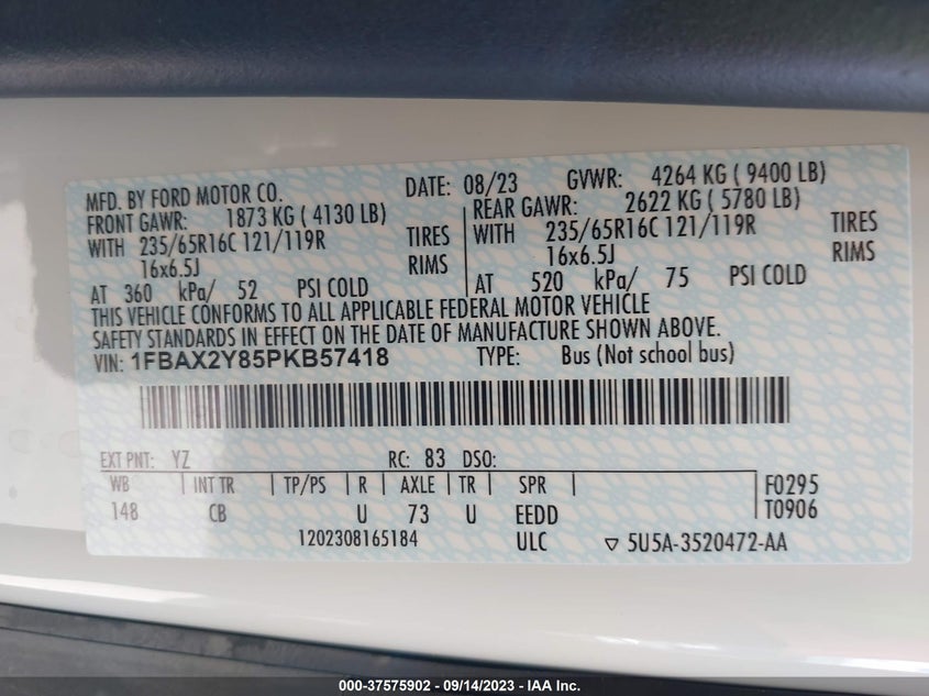 VIN 1FBAX2Y85PKB57418 2023 FORD TRANSIT PASSENGER WAGON XL/XLT