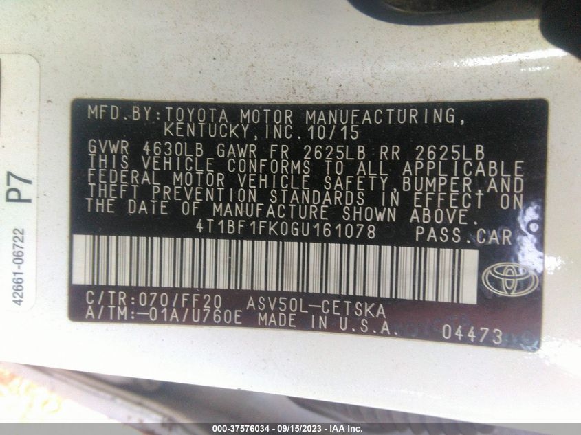 2016 TOYOTA CAMRY XLE/SE/LE/XSE - 4T1BF1FK0GU161078