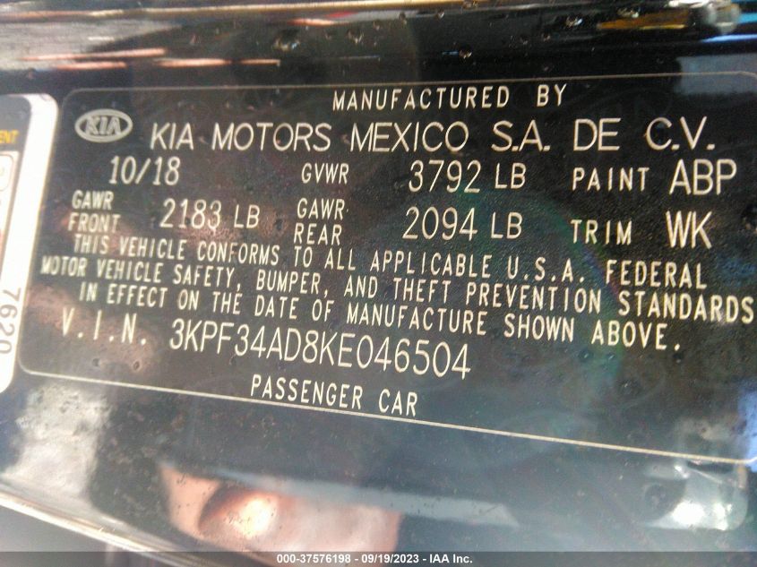 3KPF34AD8KE046504 Kia Forte GT LINE/S 9