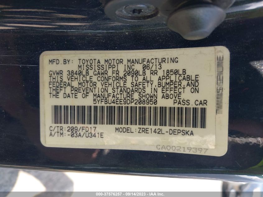 2013 TOYOTA COROLLA L/LE/S - 5YFBU4EE9DP208950