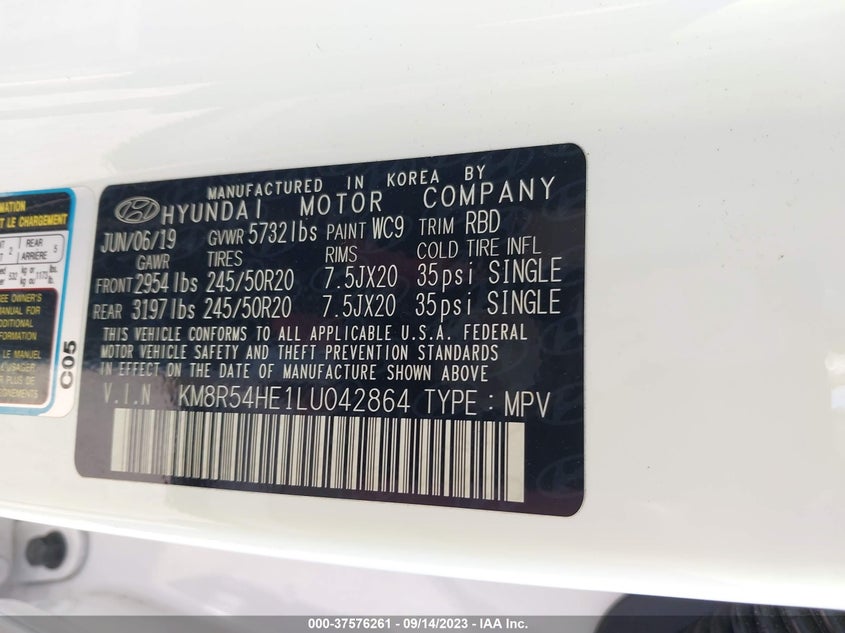 VIN KM8R54HE1LU042864 2020 HYUNDAI PALISADE LIMITED