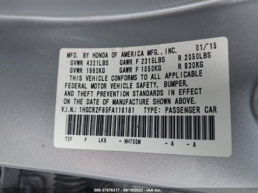 2015 HONDA ACCORD SEDAN EX-L - 1HGCR2F85FA116181