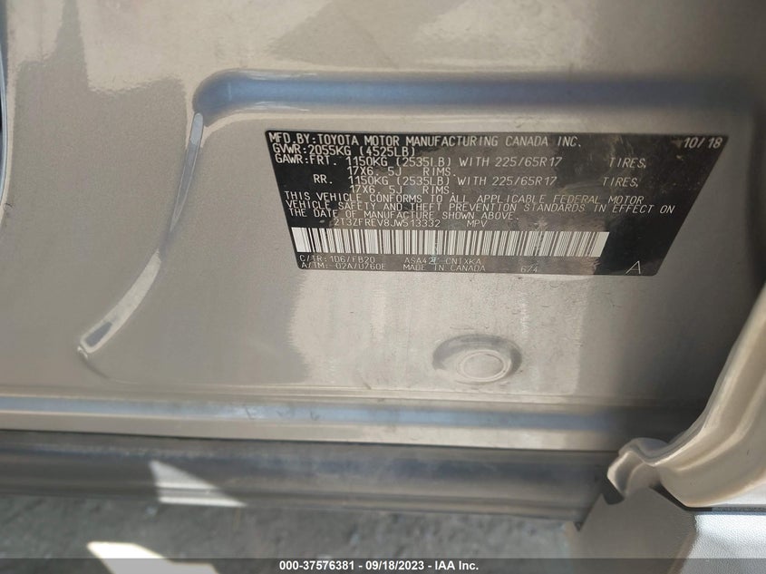 VIN 2T3ZFREV8JW513332 2018 TOYOTA RAV4 LE