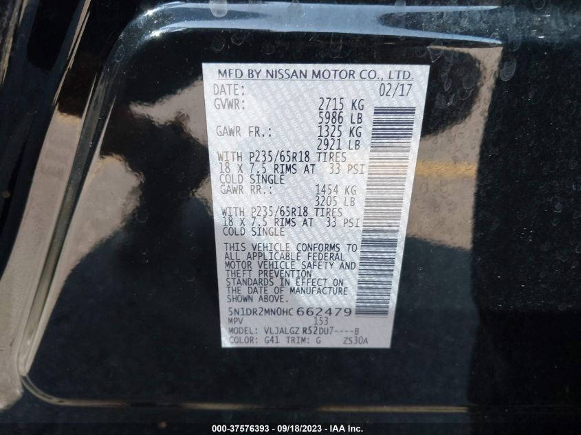 2017 NISSAN PATHFINDER SL - 5N1DR2MN0HC662479