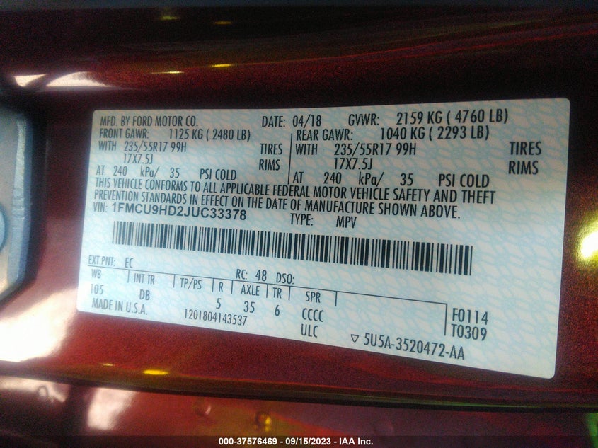 VIN 1FMCU9HD2JUC33378 2018 FORD ESCAPE SEL