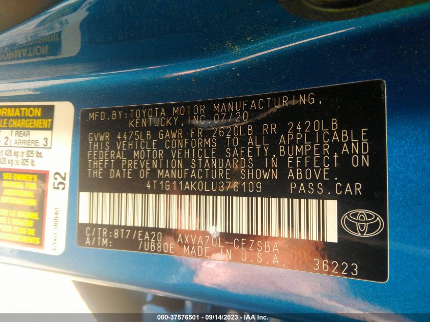 2020 TOYOTA CAMRY SE - 4T1G11AK0LU376109
