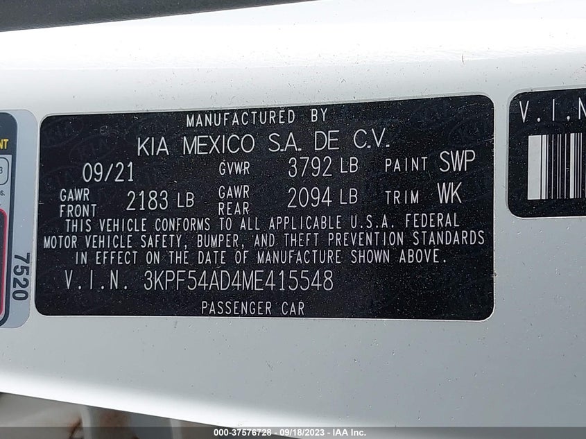 VIN 3KPF54AD4ME415548 2021 KIA FORTE EX