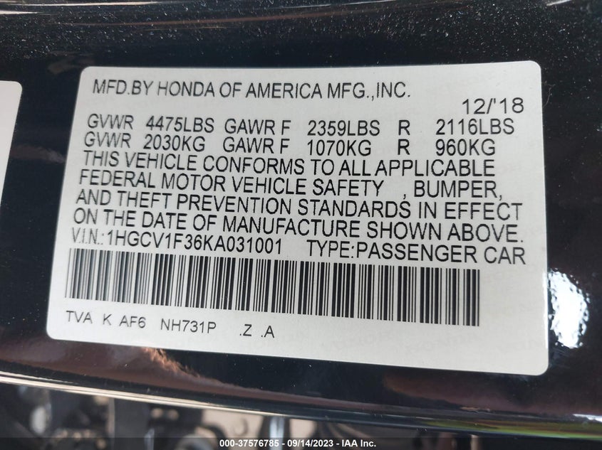 VIN 1HGCV1F36KA031001 2019 HONDA ACCORD SEDAN SPORT 1.5T