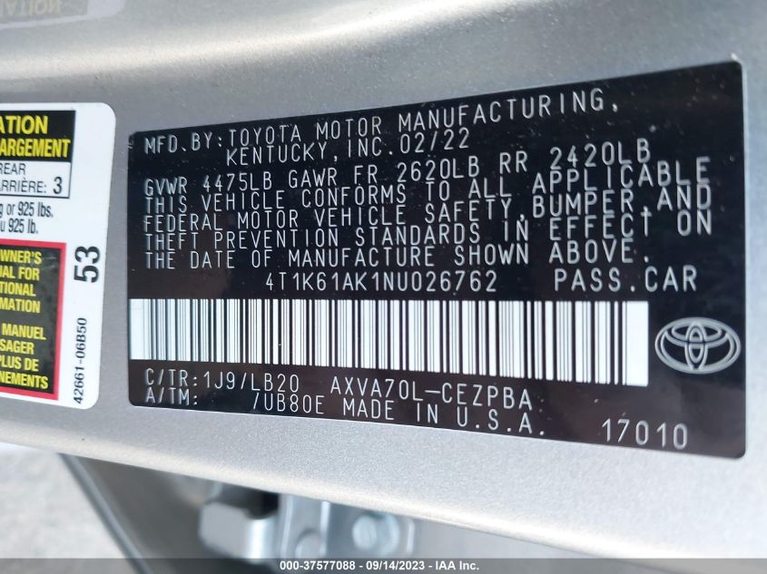 4T1K61AK1NU026762 Toyota Camry XSE 9