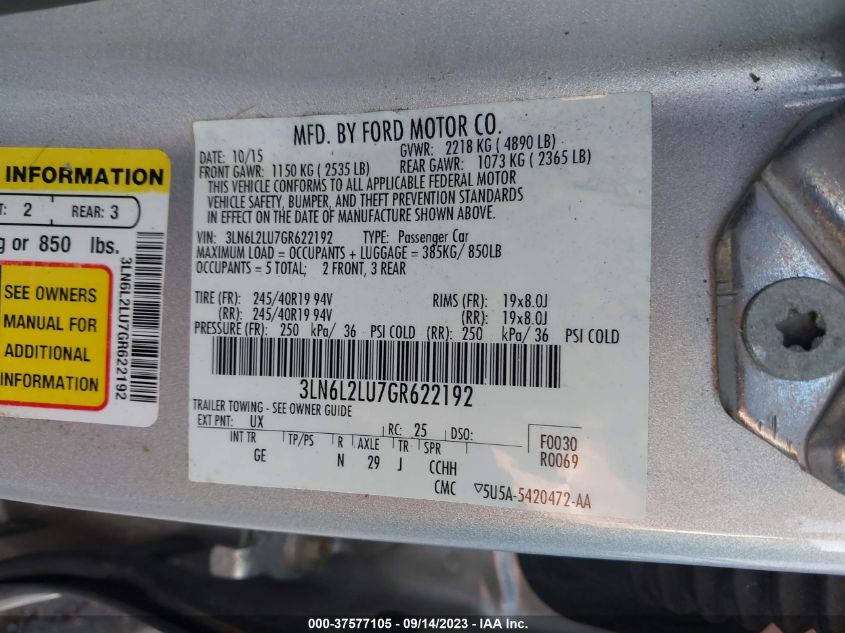 2016 LINCOLN MKZ HYBRID - 3LN6L2LU7GR622192