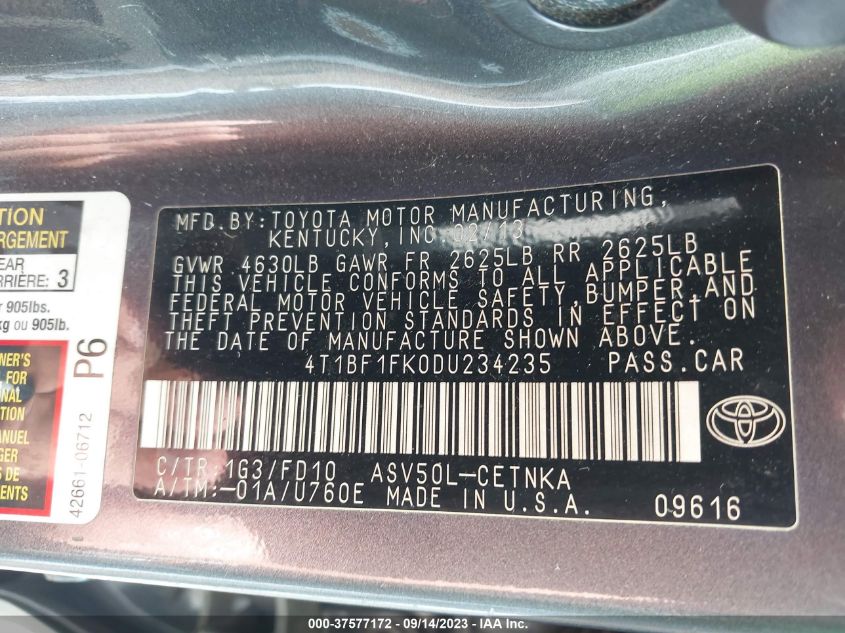 2013 TOYOTA CAMRY L/LE/SE/XLE - 4T1BF1FK0DU234235
