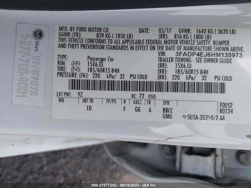 VIN 3FADP4EJ6HM135973 2017 FORD FIESTA SE