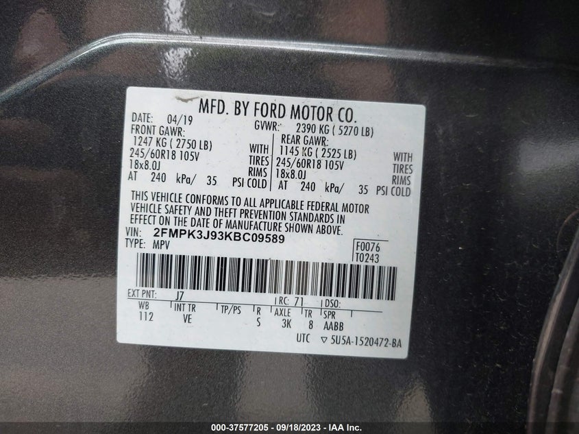 VIN 2FMPK3J93KBC09589 2019 FORD EDGE SEL