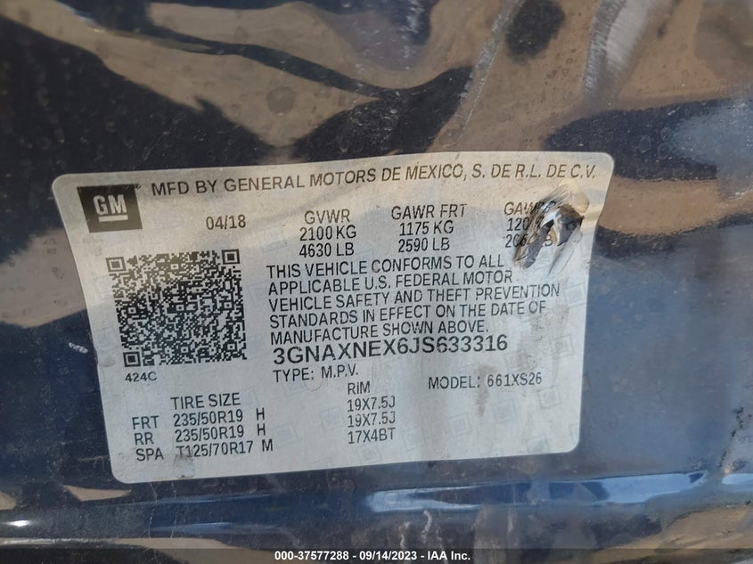 VIN 3GNAXNEX6JS633316 2018 CHEVROLET EQUINOX PREMIER