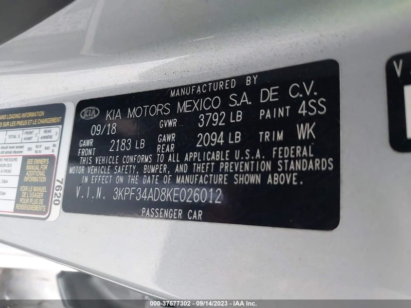 2019 KIA FORTE S - 3KPF34AD8KE026012