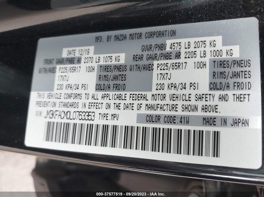 VIN JM3KFACM0L0763353 2020 MAZDA CX-5 TOURING