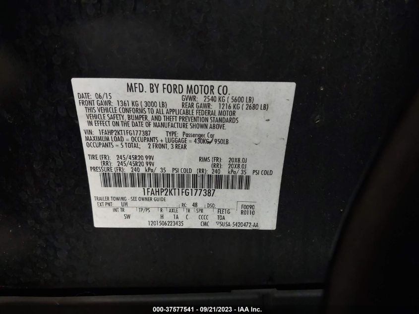 2015 FORD TAURUS SHO - 1FAHP2KT1FG177387