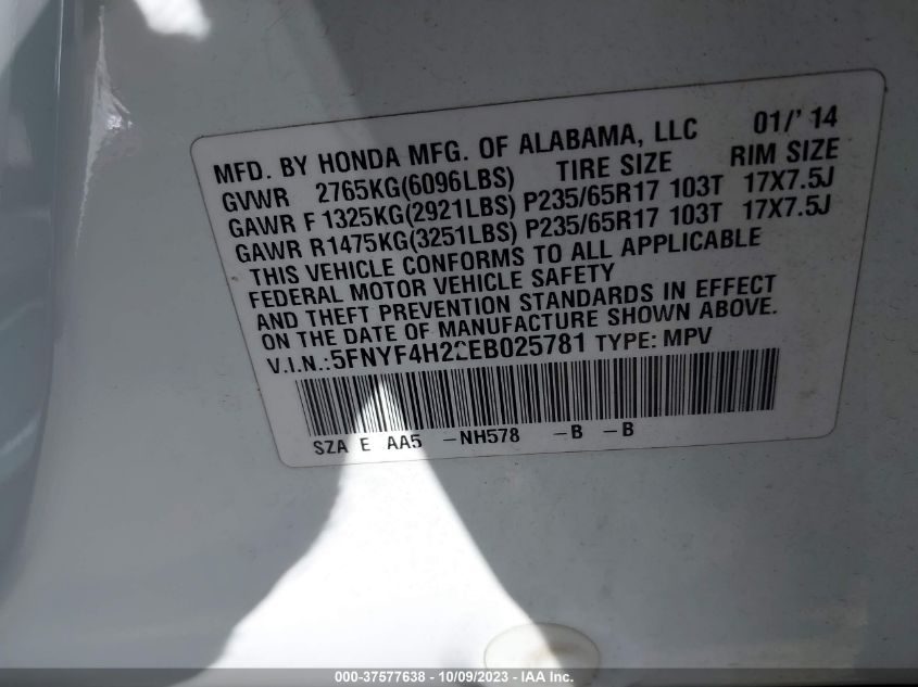 2014 HONDA PILOT LX - 5FNYF4H22EB025781