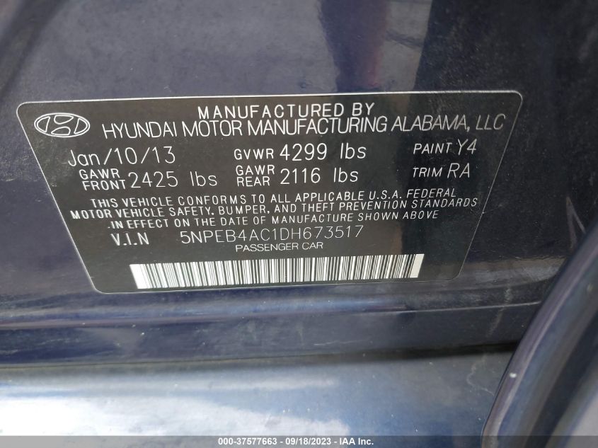 2013 HYUNDAI SONATA GLS PZEV - 5NPEB4AC1DH673517