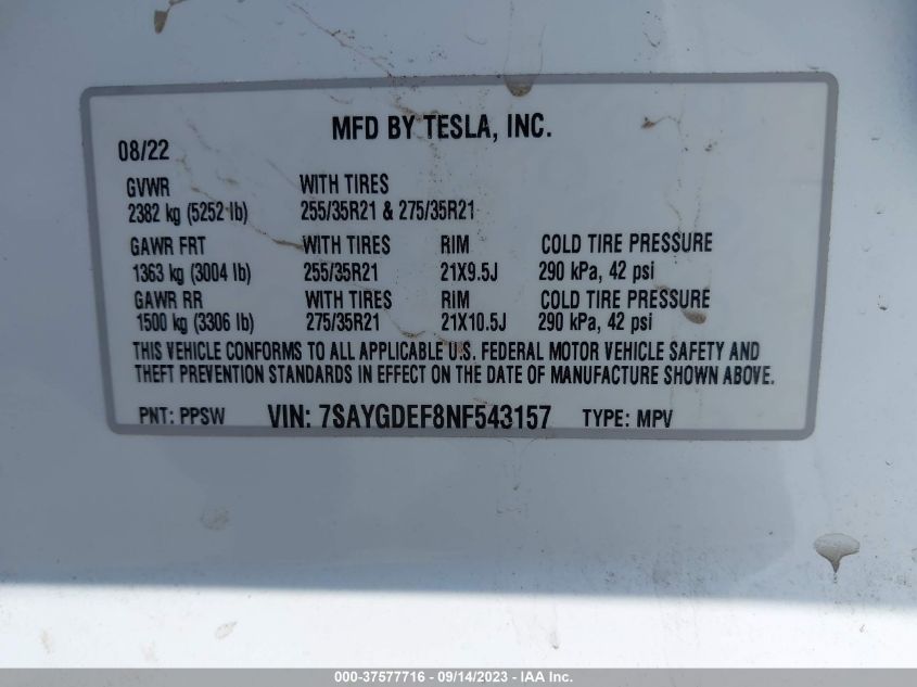 2022 TESLA MODEL Y PERFORMANCE - 7SAYGDEF8NF543157