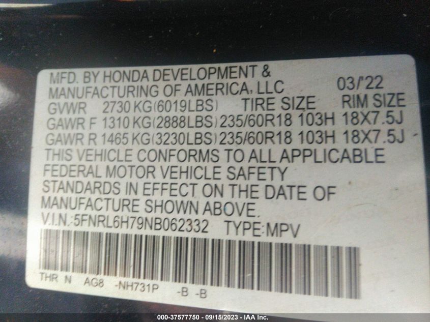 5FNRL6H79NB062332 Honda Odyssey EX-L 9