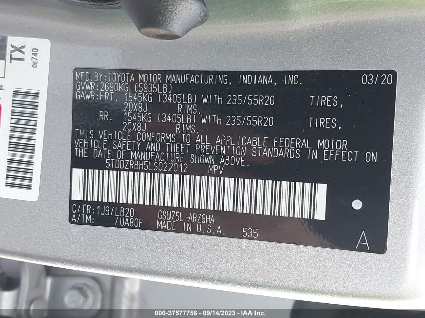2020 TOYOTA HIGHLANDER LIMITED/PLATINUM - 5TDDZRBH5LS022012