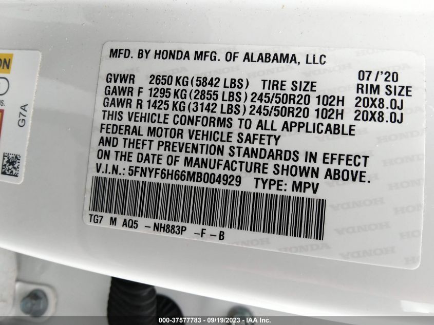 2021 HONDA PILOT TOURING 7-PASSENGER - 5FNYF6H66MB004929