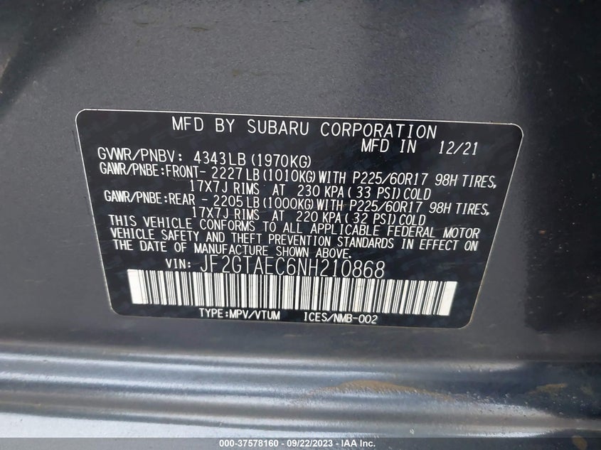 VIN JF2GTAEC6NH210868 2022 SUBARU CROSSTREK PREMIUM