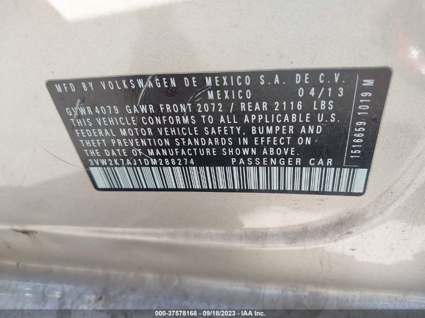 2013 VOLKSWAGEN JETTA SEDAN S - 3VW2K7AJ1DM288274