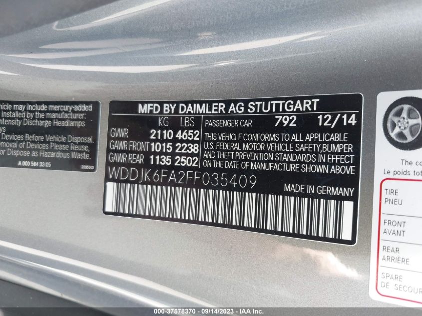 2015 MERCEDES-BENZ SL-CLASS SL 400 WDDJK6FA2FF035409