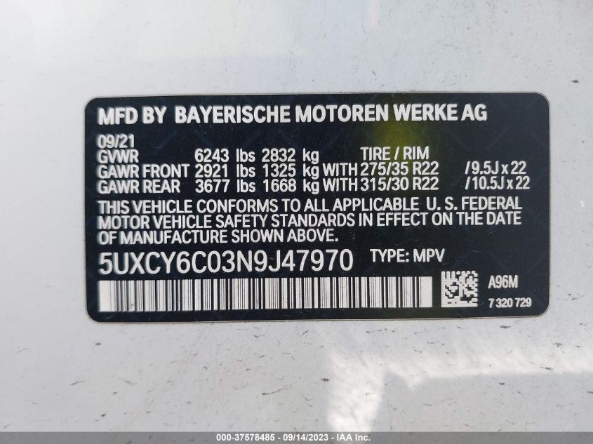 5UXCY6C03N9J47970 BMW X6 XDRIVE40I 9