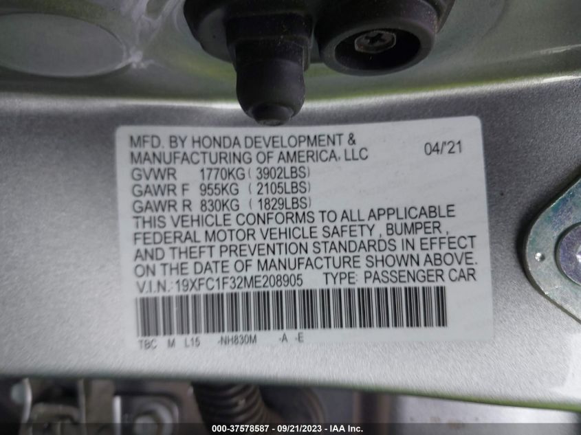 VIN 19XFC1F32ME208905 2021 HONDA CIVIC SEDAN EX