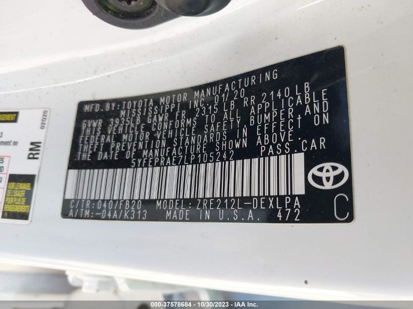 2020 TOYOTA COROLLA LE - 5YFEPRAE7LP105242