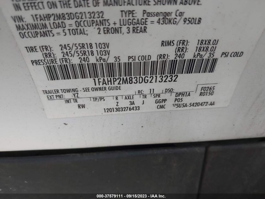 2013 FORD SEDAN POLICE INTERCEPTOR 1FAHP2M83DG213232