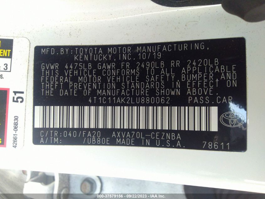 2020 TOYOTA CAMRY LE - 4T1C11AK2LU880062