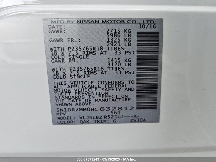 VIN 5N1DR2MM0HC632812 2017 NISSAN PATHFINDER