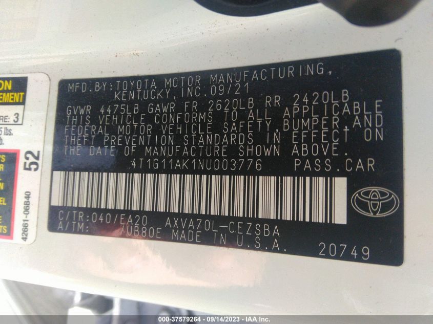 2022 TOYOTA CAMRY SE - 4T1G11AK1NU003776