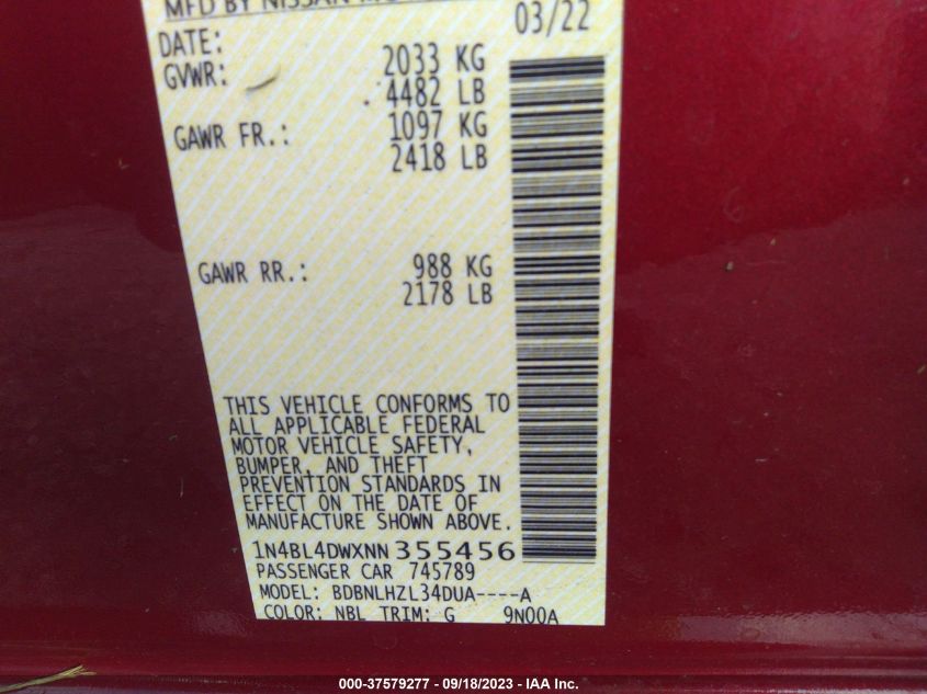2022 NISSAN ALTIMA SV - 1N4BL4DWXNN355456