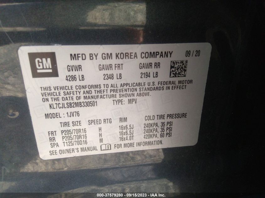 2021 CHEVROLET TRAX 1LT - KL7CJLSB2MB330501