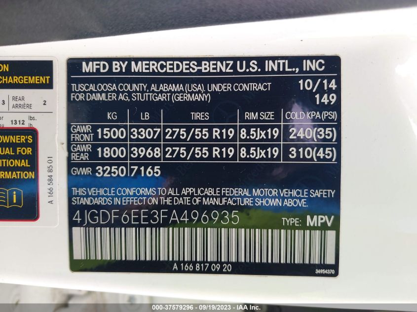 2015 MERCEDES-BENZ GL 450 4JGDF6EE3FA496935