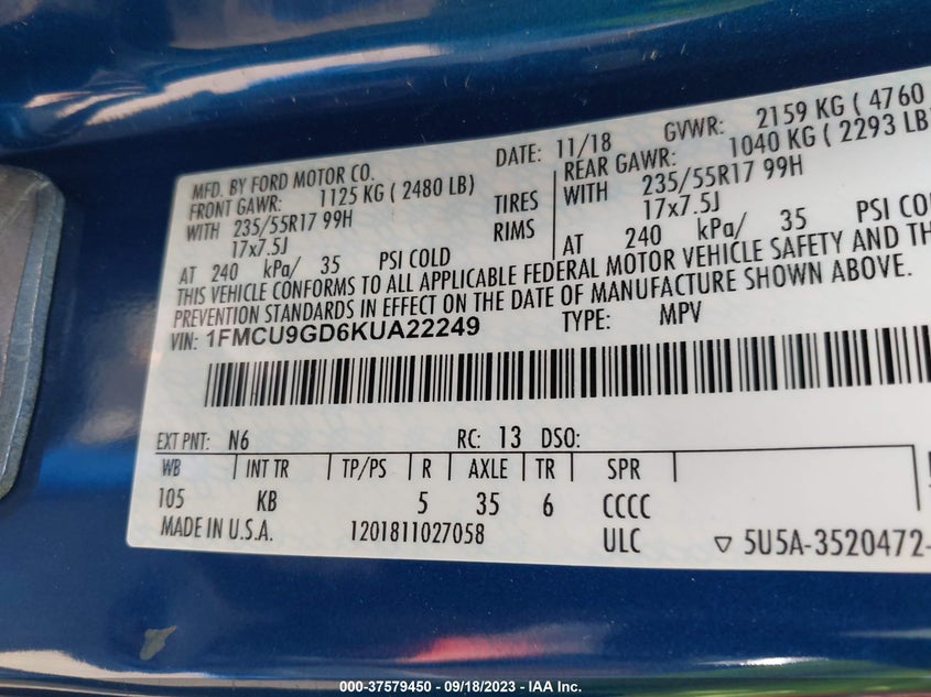 VIN 1FMCU9GD6KUA22249 2019 FORD ESCAPE SE