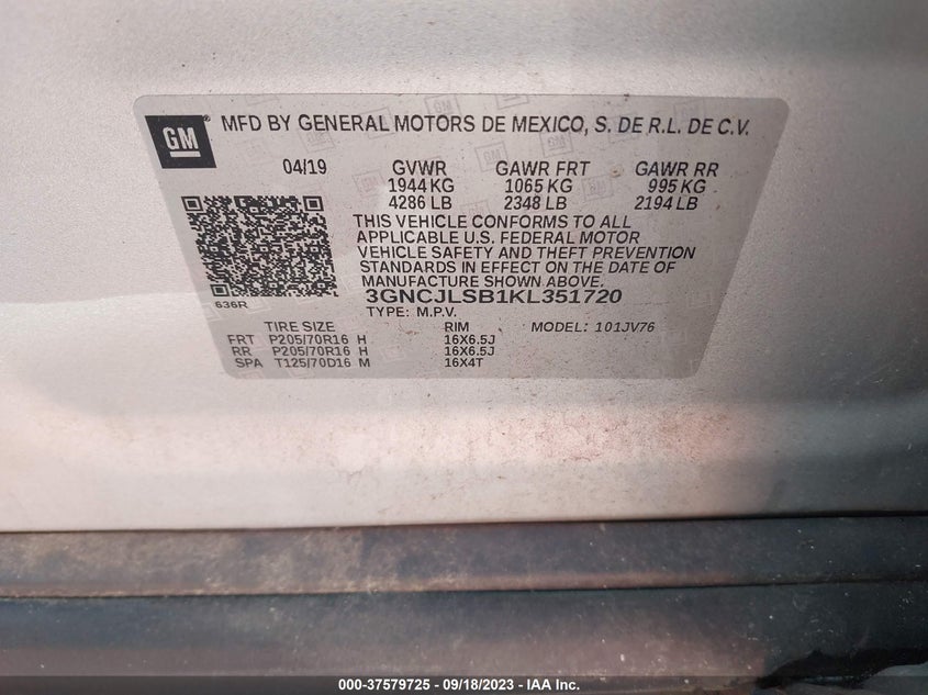 VIN 3GNCJLSB1KL351720 2019 CHEVROLET TRAX 1LT